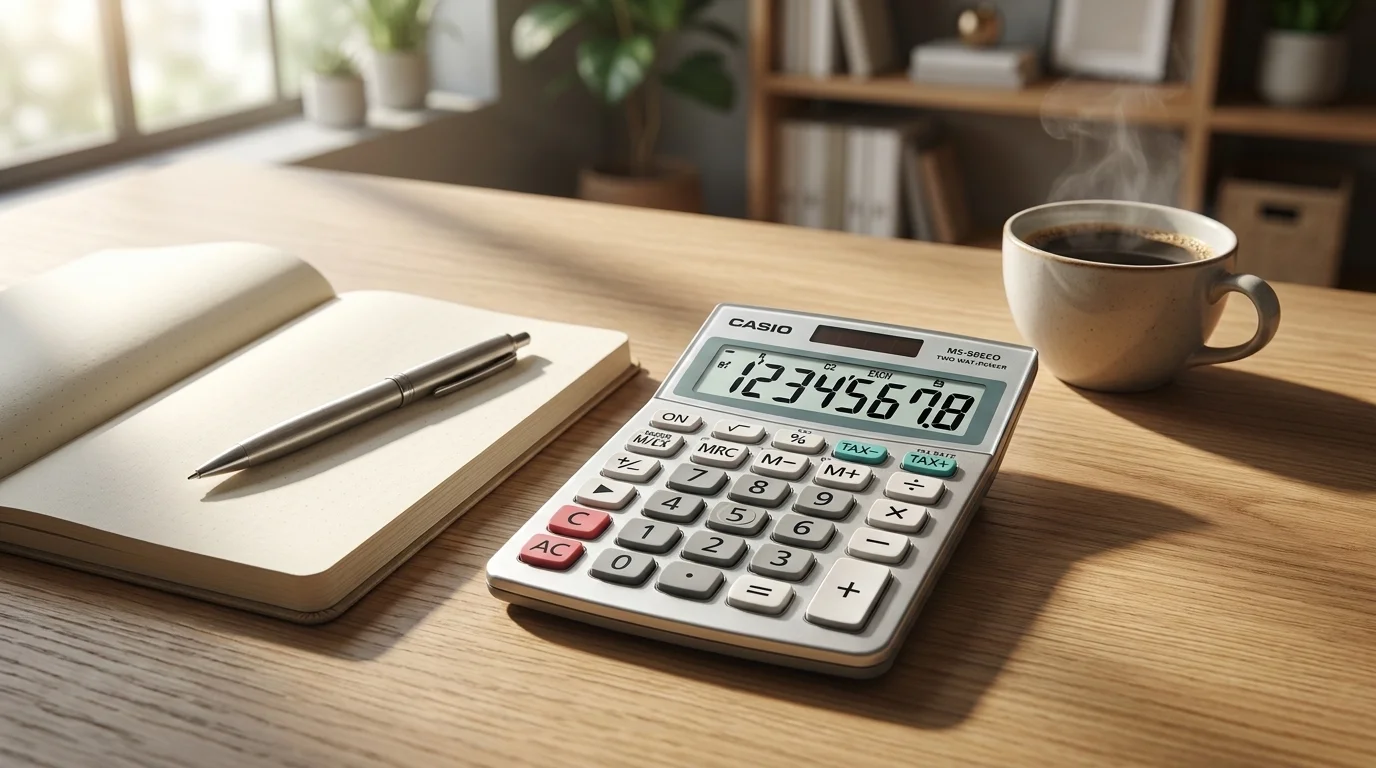 Stolní kalkulačka Casio MS 88 ECO na dřevěném stole vedle otevřeného zápisníku s perem a kouřícího šálku kávy.