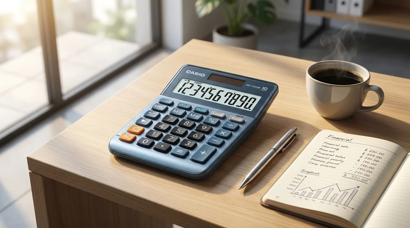 Stolní kalkulačka Casio MS-100EM položená na dřevěném pracovním stole vedle otevřeného zápisníku, pera a šálku kávy.