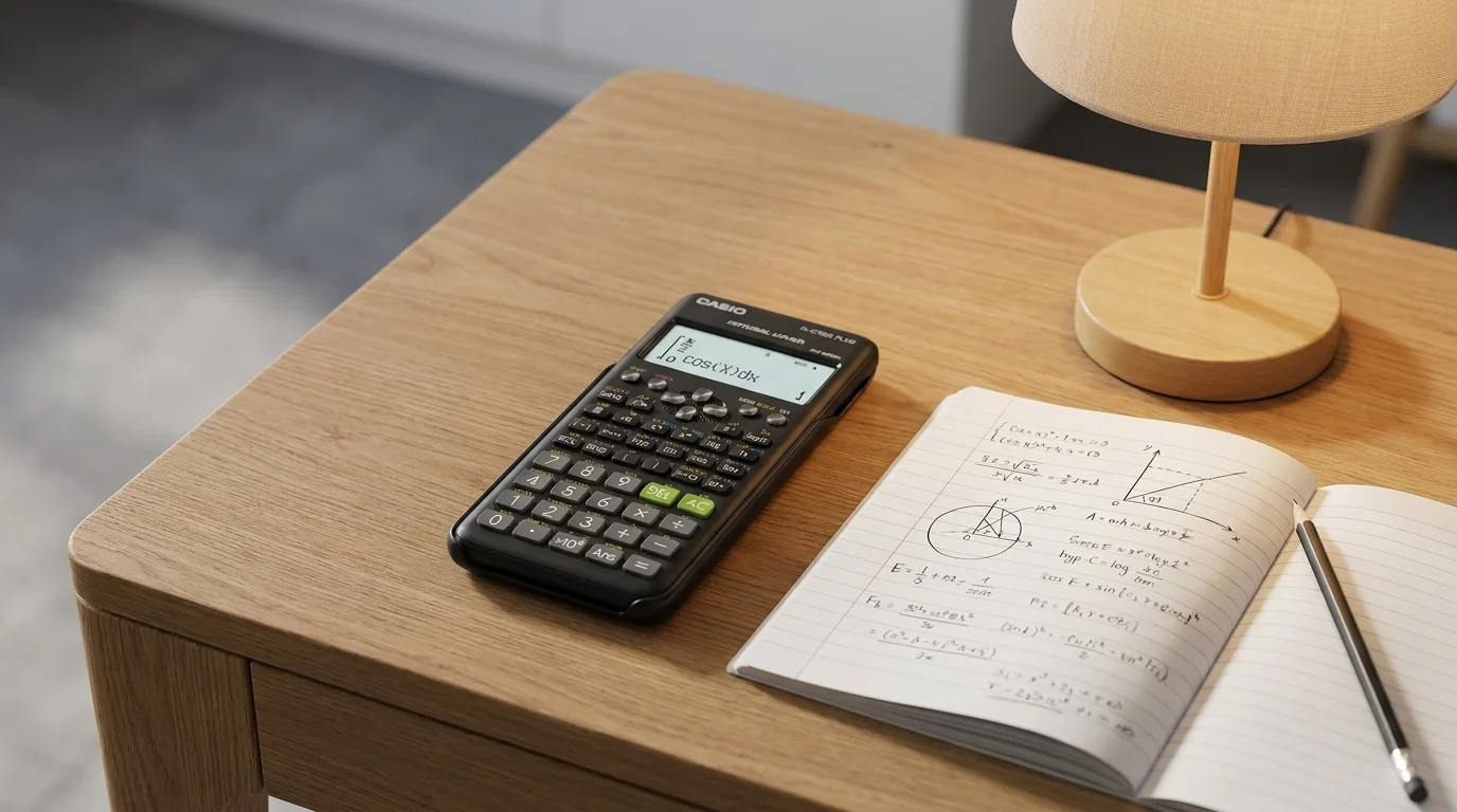 Kalkulačka Casio FX 570 ES PLUS 2E položená na dřevěném stole vedle sešitu s matematickými výpočty a stolní lampy.