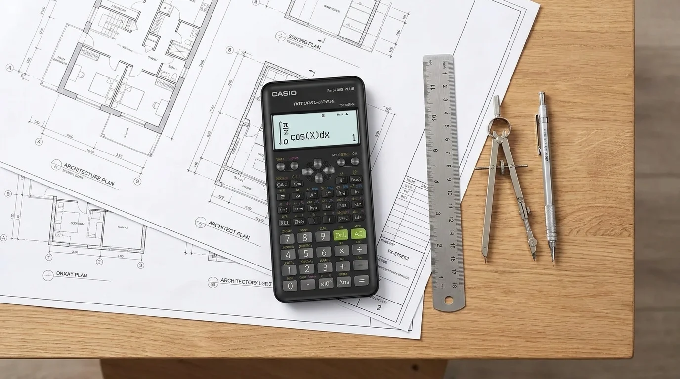 Kalkulačka Casio FX 570 ES PLUS 2E položená na technickém výkresu vedle ocelového pravítka, kružítka a tužky na dřevěném stole.