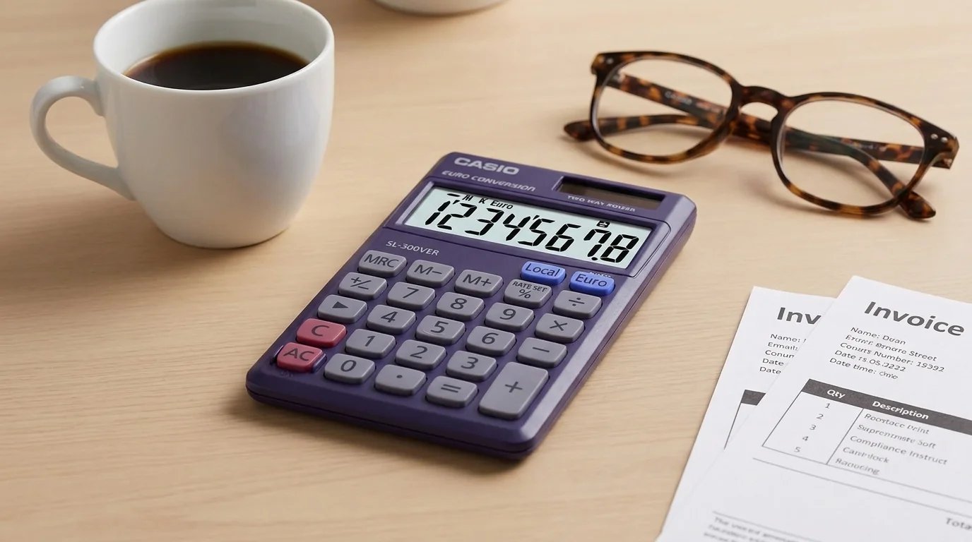 Kalkulačka Casio SL-300VER položená na pracovním stole vedle šálku kávy, brýlí a faktur.