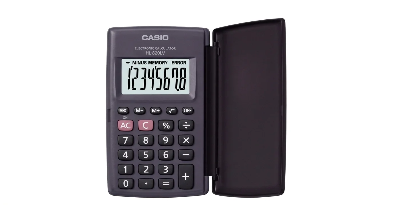 Čierna vrecková kalkulačka Casio HL-820LV s otvoreným pevným puzdrom a 8-miestnym displejom.