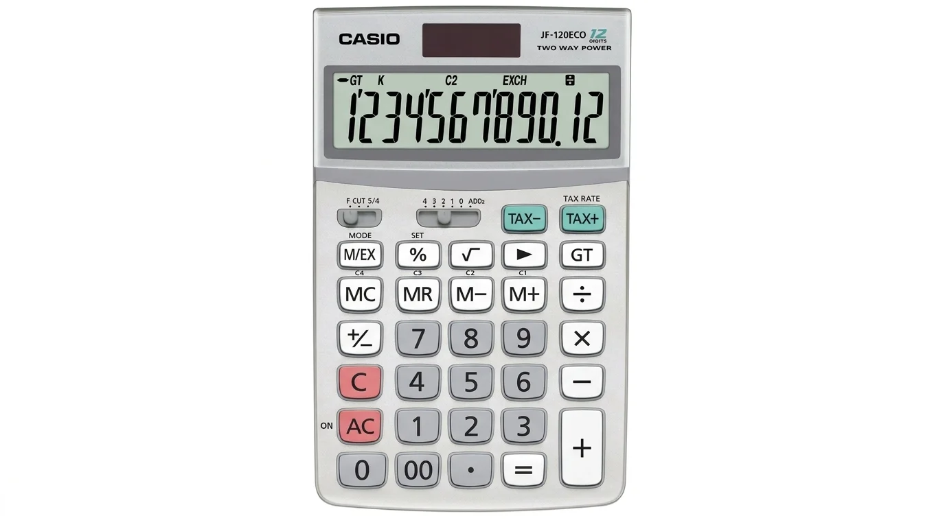 Stolná kalkulačka Casio JF-120ECO s 12-miestnym displejom, solárnym panelom a prehľadnou klávesnicou.