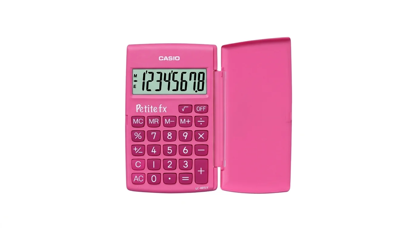 Růžová kapesní kalkulačka Casio LC-401LV s otevřeným ochranným krytem a osmimístným displejem.