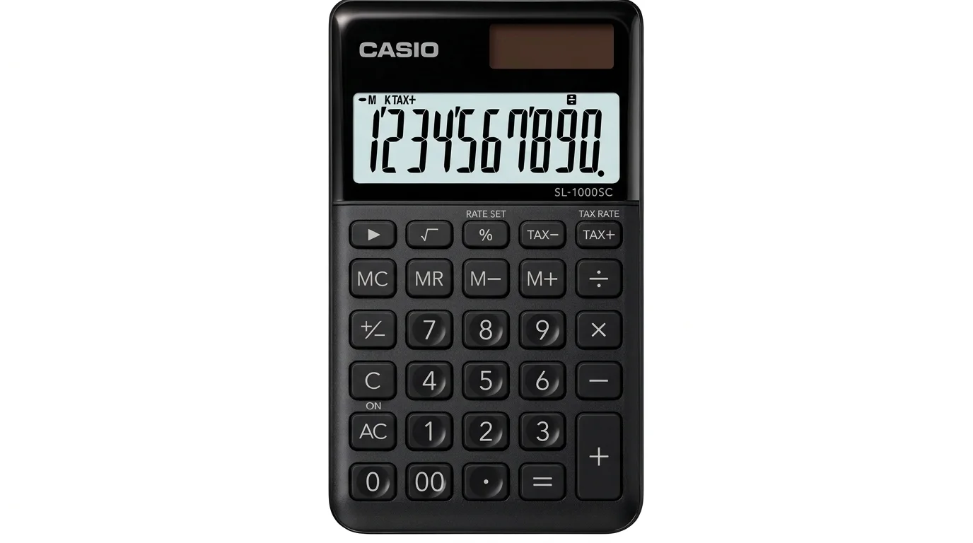 Čierna vrecková kalkulačka Casio SL-1000SC s 10-miestnym LCD displejom a solárnym panelom.