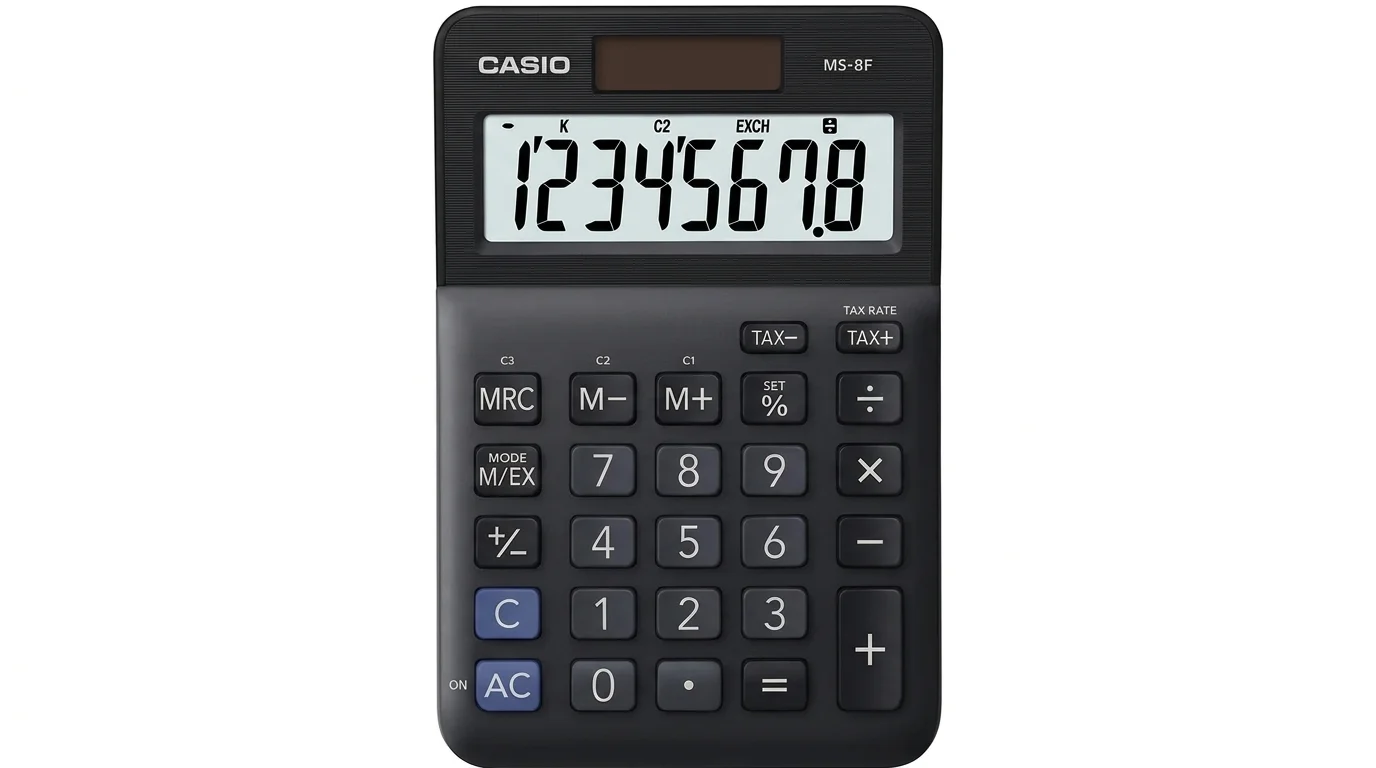 Černá stolní kalkulačka Casio MS-8F se solárním panelem a osmimístným LCD displejem.