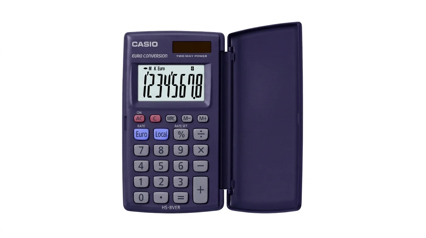 Otevřená tmavě fialová kapesní kalkulačka Casio HS-8VER s osmimístným displejem a klávesnicí s funkcí přepočtu na euro.