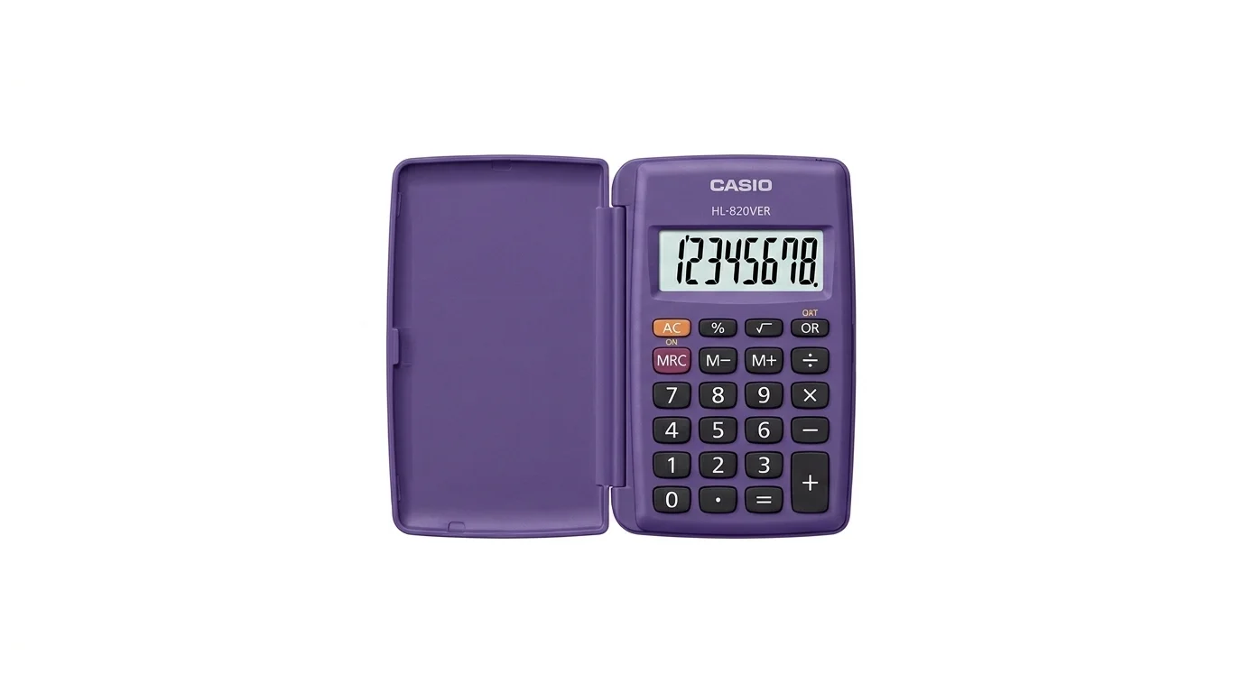 Otevřená fialová kapesní kalkulačka Casio HL-820VER s odklopeným ochranným pouzdrem a osmimístným displejem.