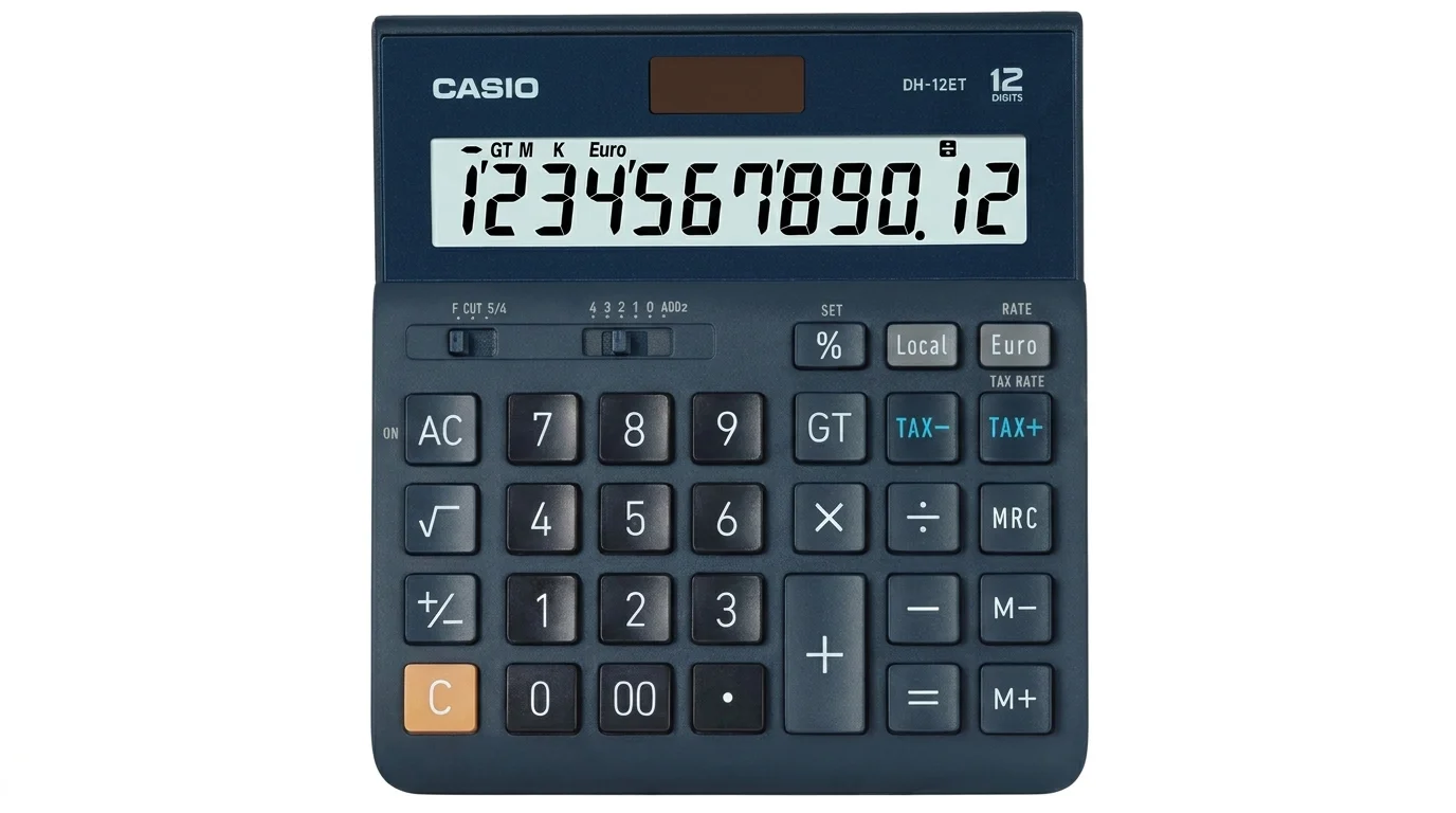Stolová kalkulačka Casio DH-12ET s 12-miestnym LCD displejom, solárnym panelom a veľkými tlačidlami.