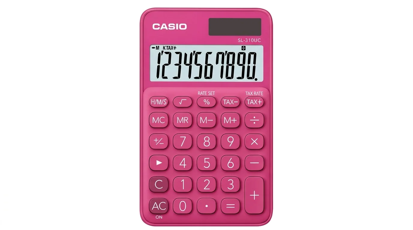 Růžová kapesní kalkulačka Casio SL-310UC se zapnutým 10místným LCD displejem a solárním panelem.