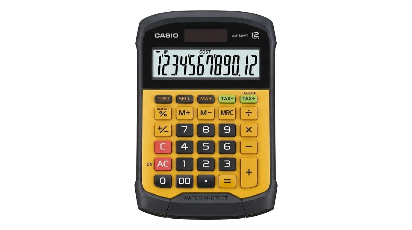 Stolná kalkulačka Casio WM-320MT so žltou klávesnicou a 12-miestnym LCD displejom.