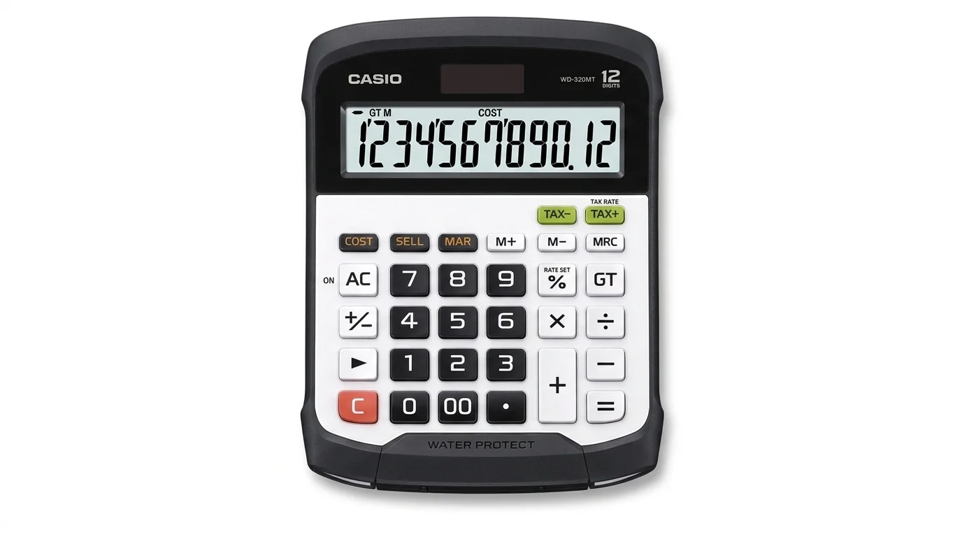 Stolní kalkulačka Casio WD-320MT s 12místným LCD displejem a klávesnicí v černo-bílém provedení.