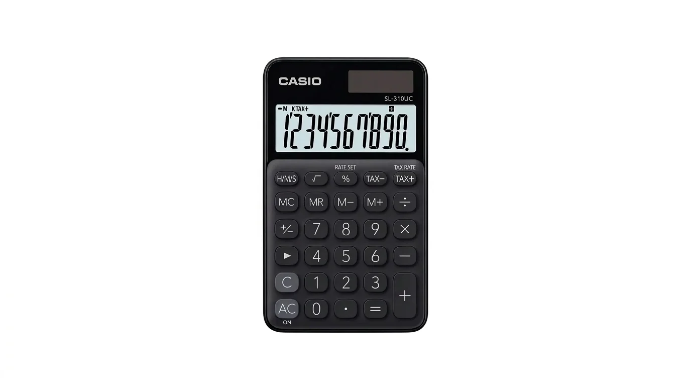 Černá kapesní kalkulačka Casio SL-310UC s 10místným LCD displejem a solárním panelem.