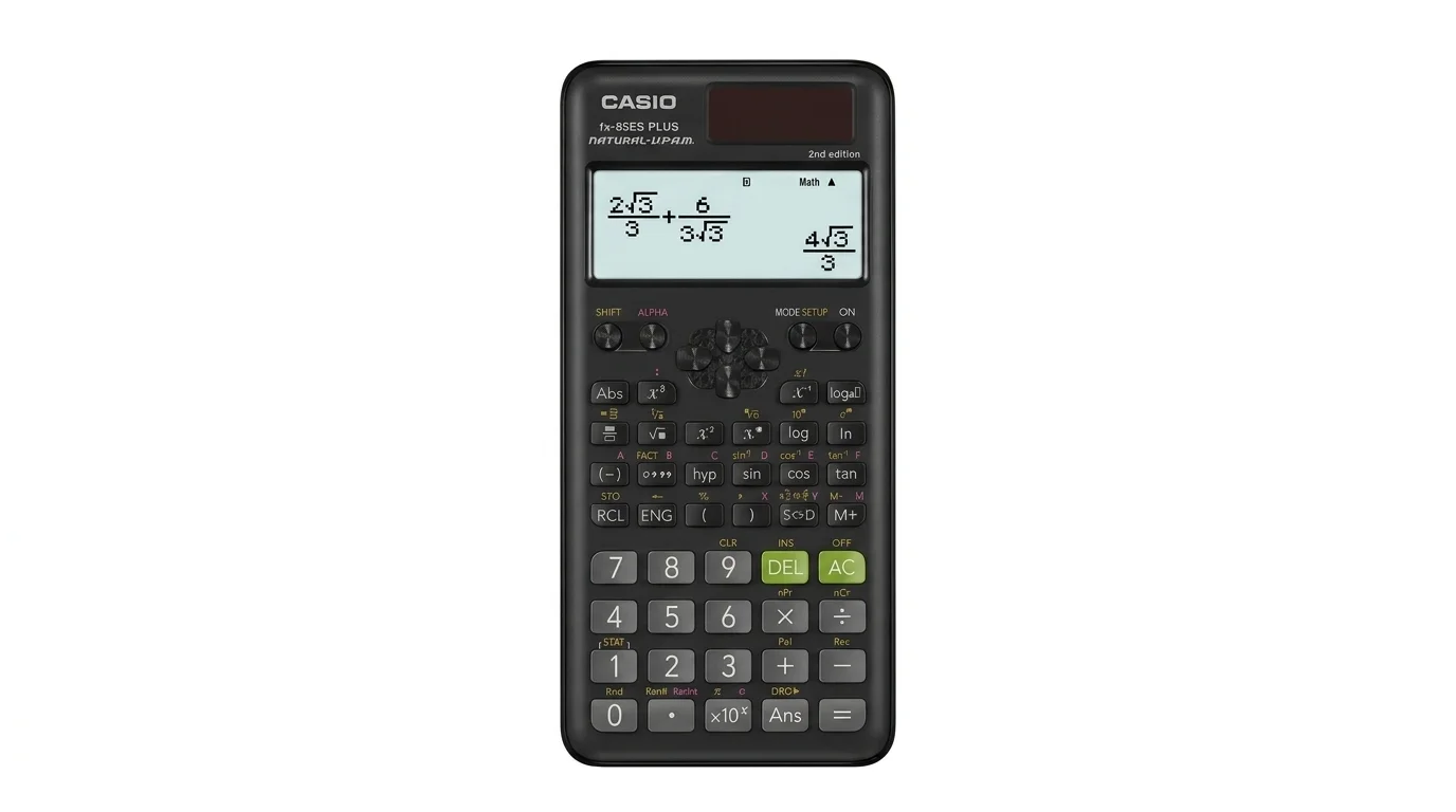 Černá vědecká kalkulačka Casio FX 85ES PLUS 2E s displejem zobrazujícím matematický výraz se zlomky a odmocninami.