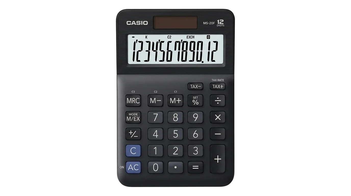 Čierna stolná kalkulačka Casio MS-20F s 12-miestnym LCD displejom a solárnym panelom.