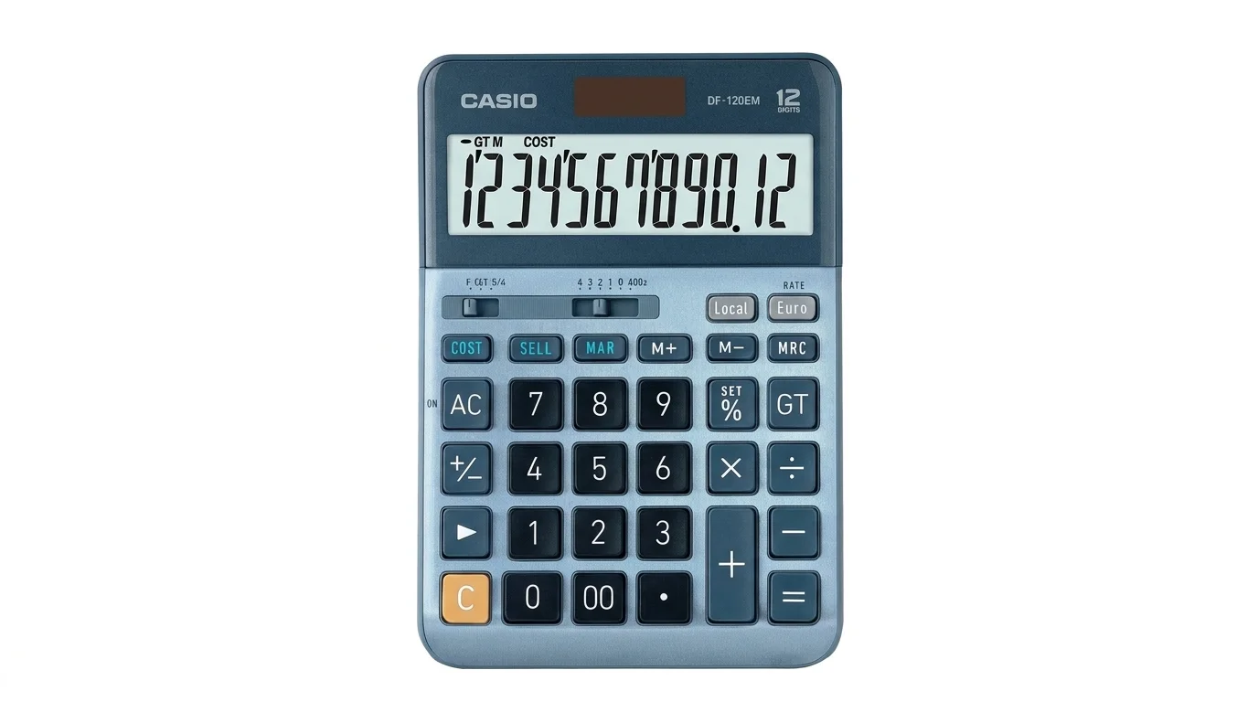 Stolní kalkulačka Casio DF-120EM s velkým 12místným LCD displejem a solárním panelem.