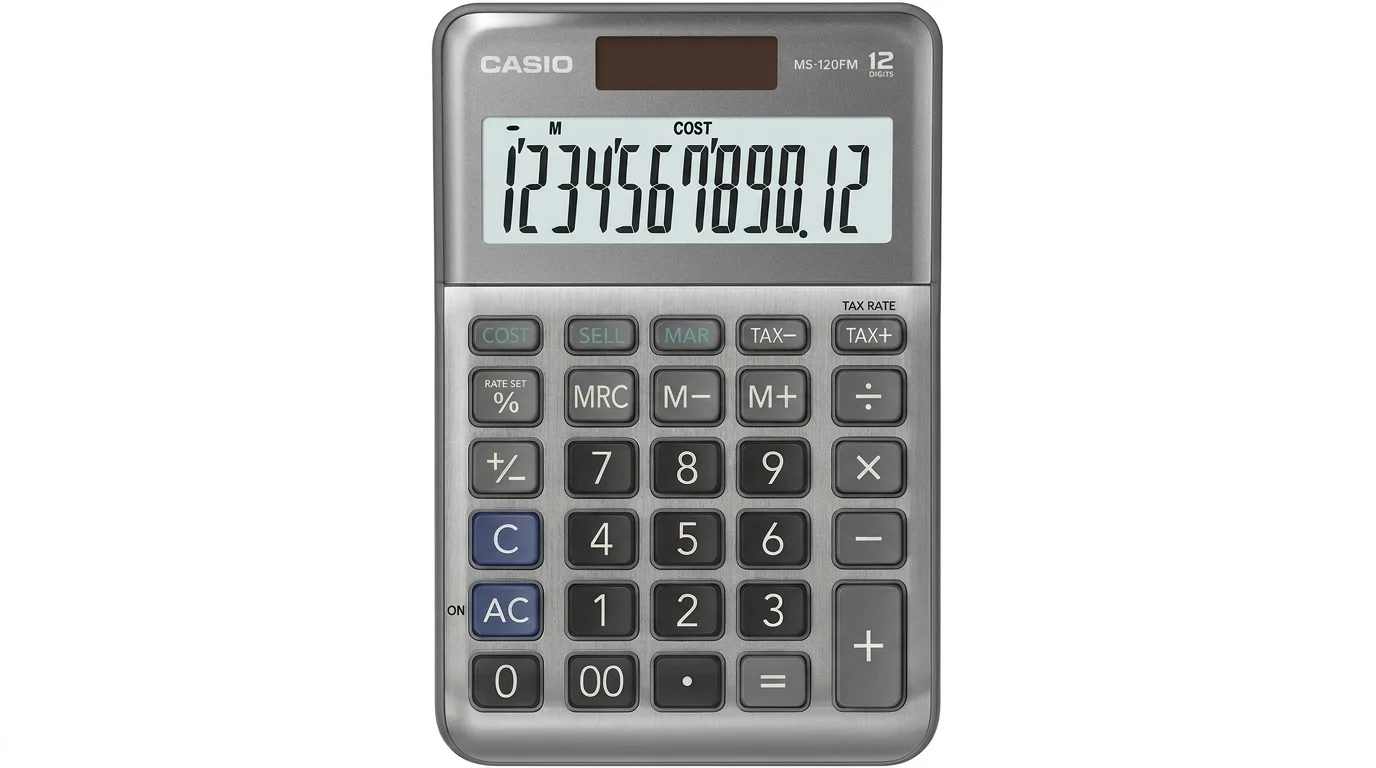 Stolná kalkulačka Casio MS-120FM s kovovým čelným panelom, solárnym článkom a 12-miestnym LCD displejom.