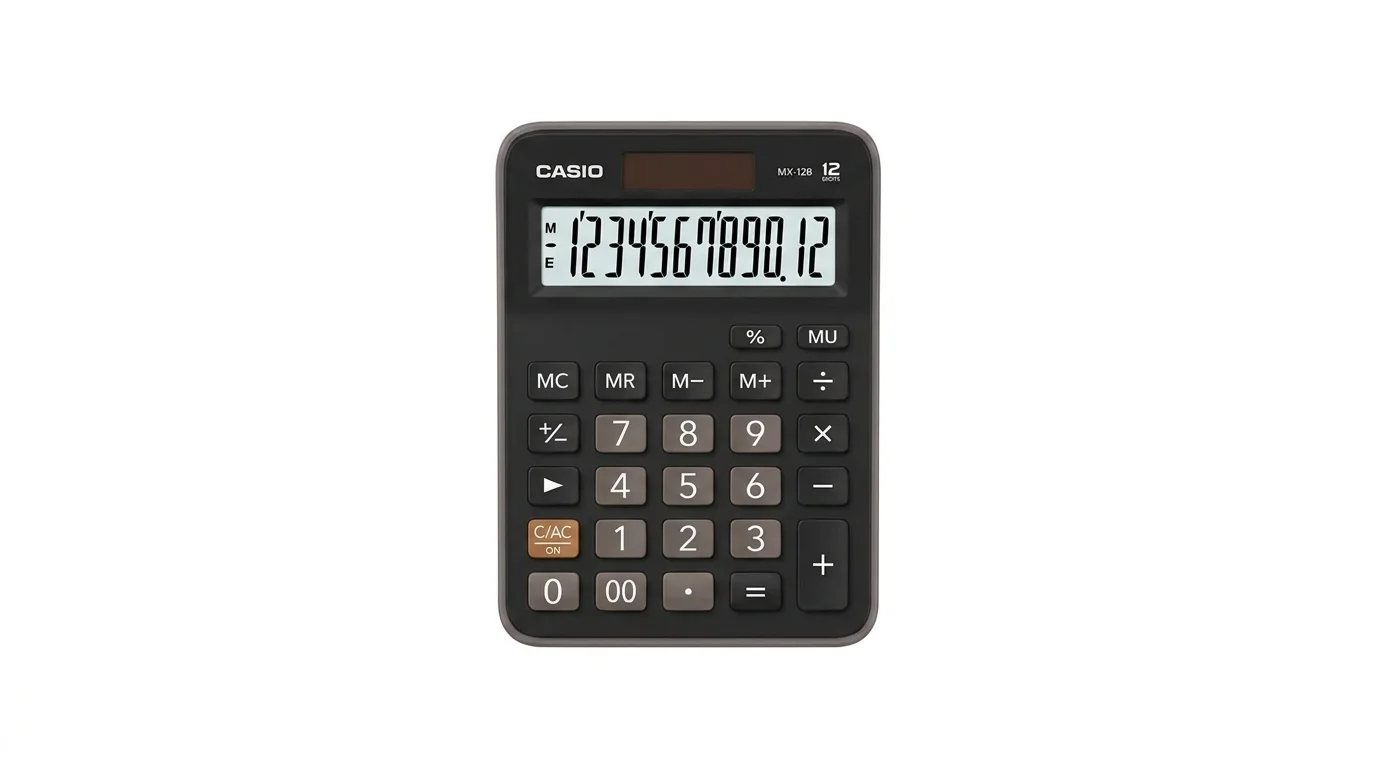 Černá stolní kalkulačka Casio MX-12B s 12místným LCD displejem, solárním panelem a plastovými tlačítky.