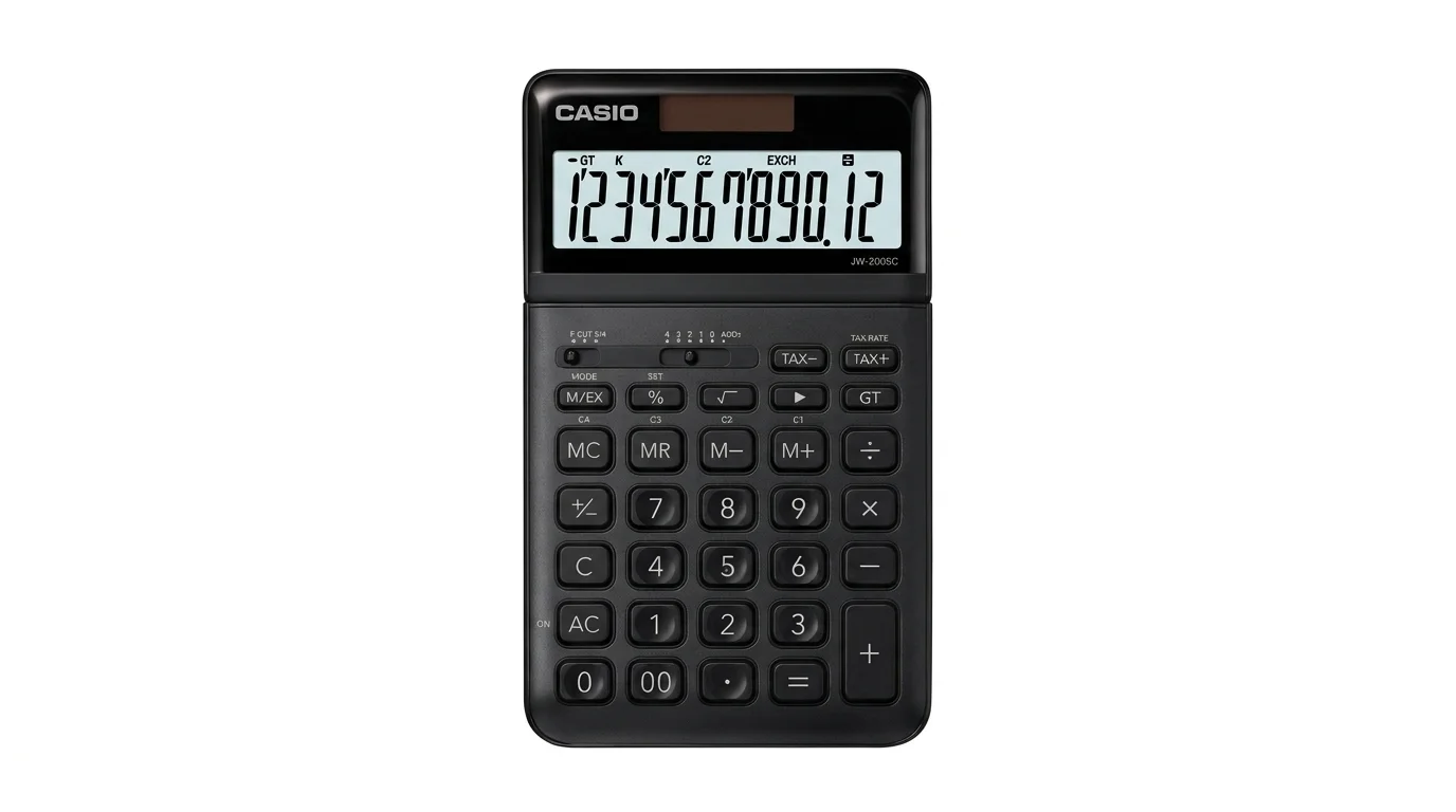 Černá stolní kalkulačka Casio JW 200SC s 12místným LCD displejem a solárním článkem.