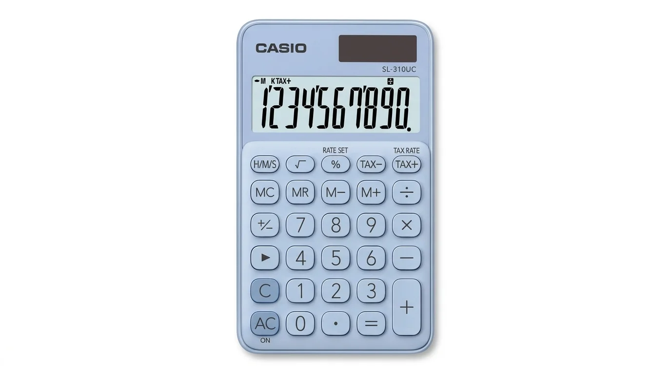 Světle modrá kapesní kalkulačka Casio SL-310UC s 10místným LCD displejem a solárním panelem.