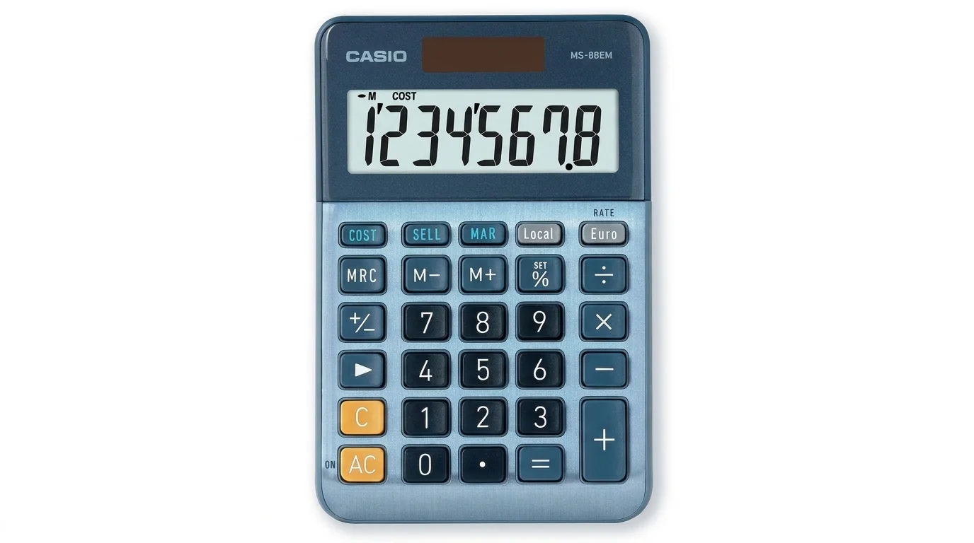 Modrá stolná kalkulačka Casio MS-88EM s 8-miestnym LCD displejom, solárnym panelom a kovovým čelným panelom.