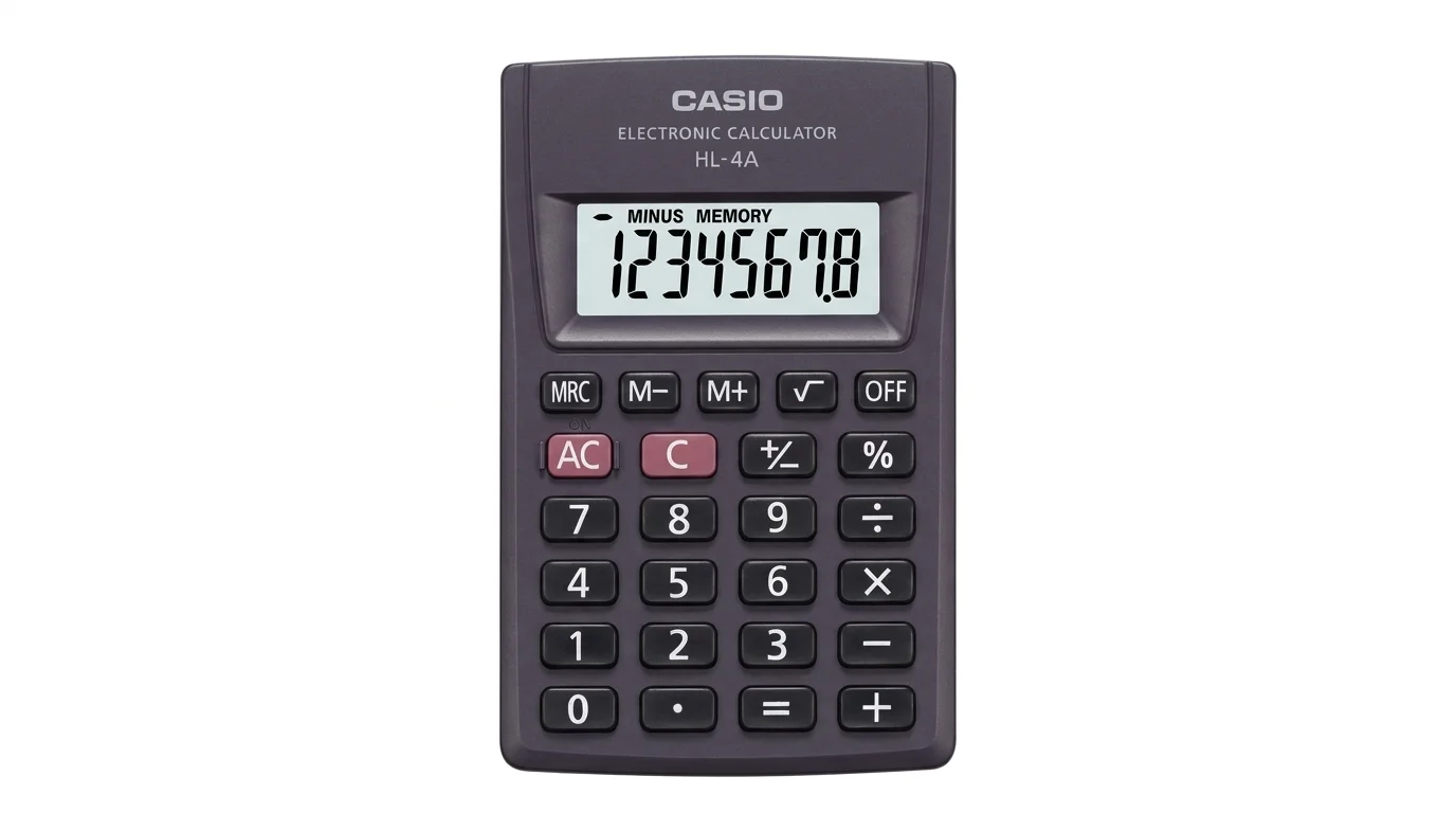 Tmavě šedá kapesní kalkulačka Casio HL-4A s jednořádkovým osmimístným displejem a klávesnicí pro základní výpočty.