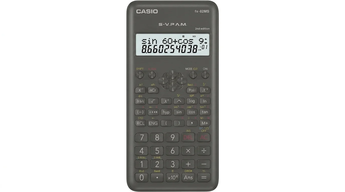 Vědecká kalkulačka Casio fx-82MS 2nd edition s dvouřádkovým LCD displejem zobrazujícím matematický výpočet.