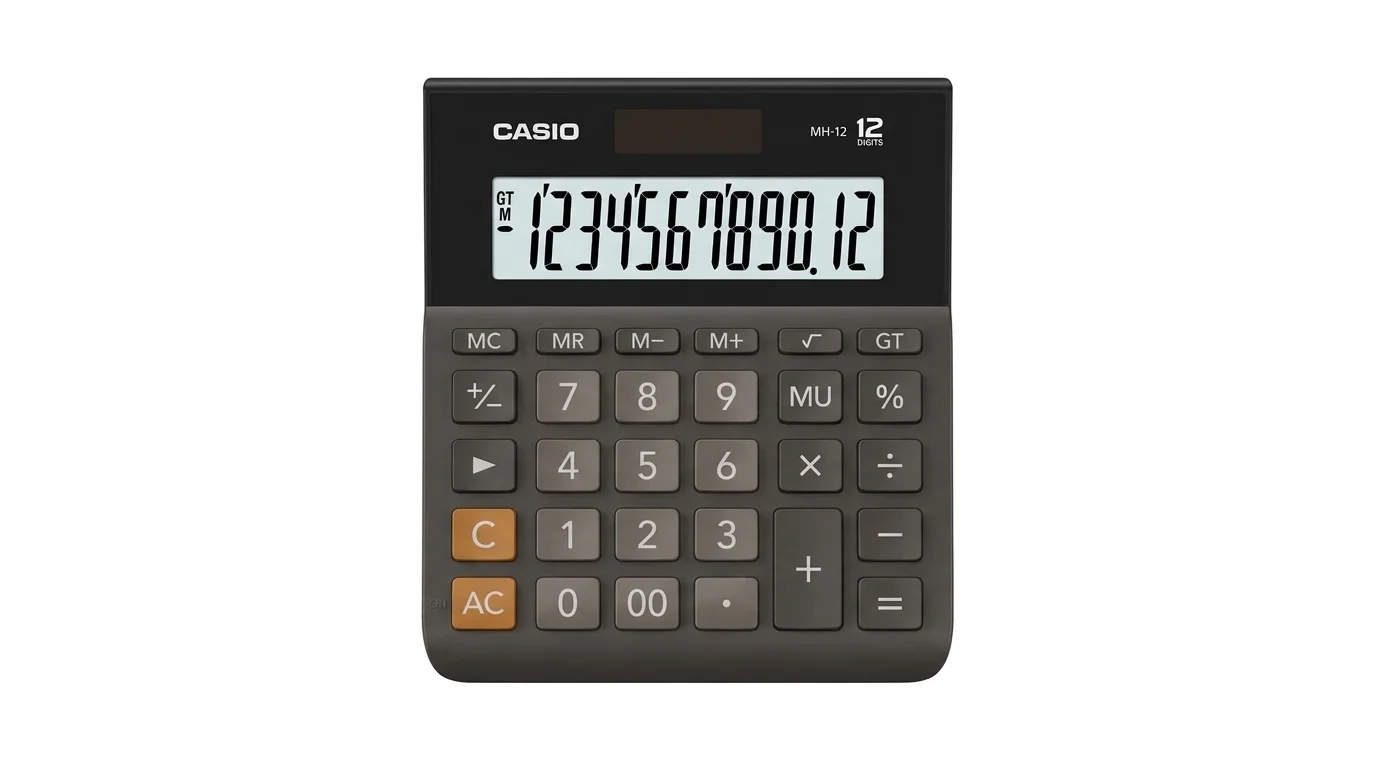 Černá stolní kalkulačka Casio MH-12 s velkým 12místným LCD displejem, solárním panelem a plastovými tlačítky.