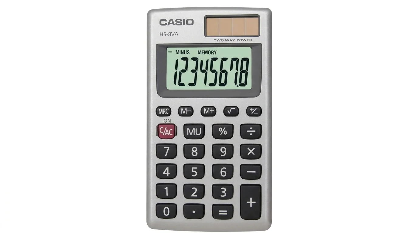 Kapesní kalkulačka Casio HS-8VA ve stříbrném provedení s osmimístným displejem a solárním panelem.