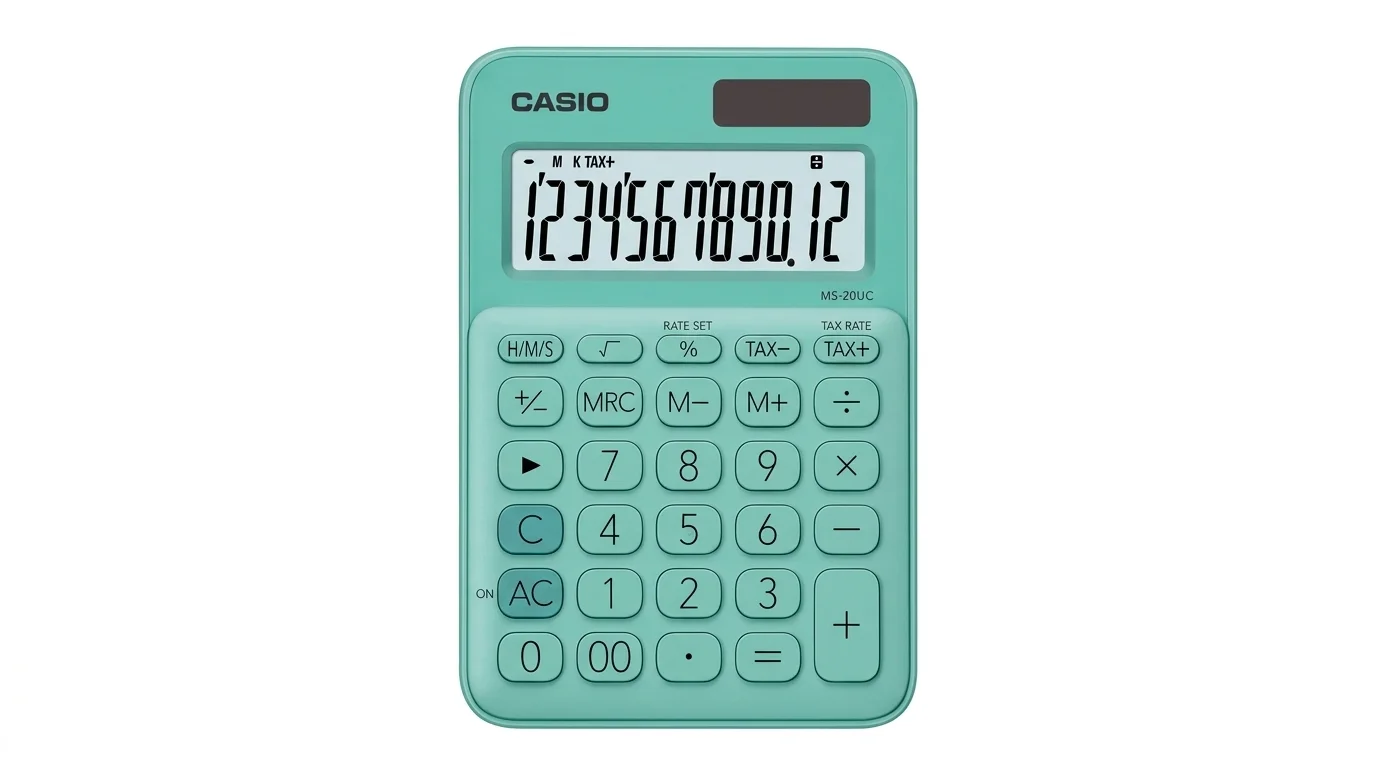 Zelená stolná kalkulačka Casio MS-20UC s 12-miestnym LCD displejom a solárnym panelom.