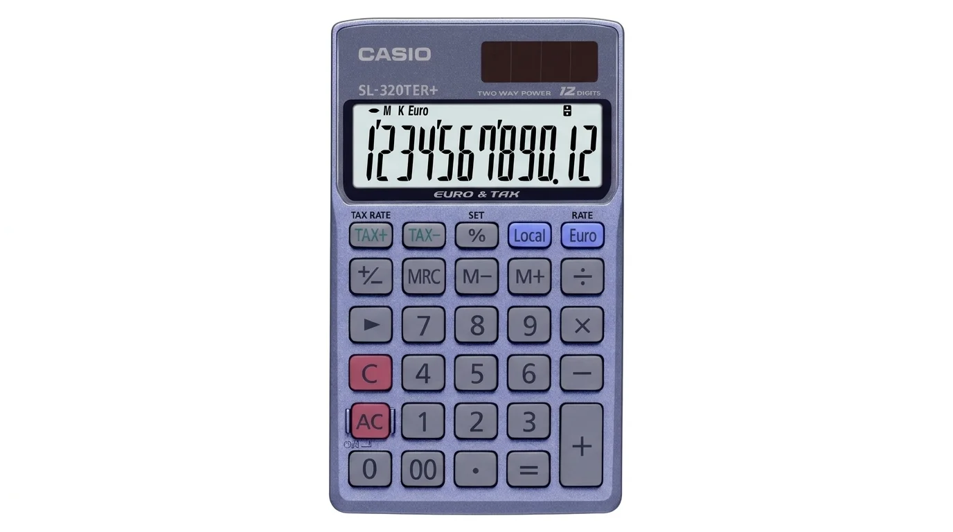Kapesní kalkulačka Casio SL-320TER+ s 12místným LCD displejem, solárním panelem a funkčními klávesami.