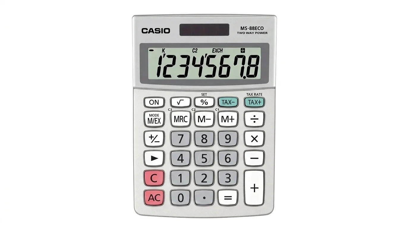 Stolní kalkulačka Casio MS-88ECO s osmimístným LCD displejem, solárním panelem a tlačítky pro finanční výpočty.