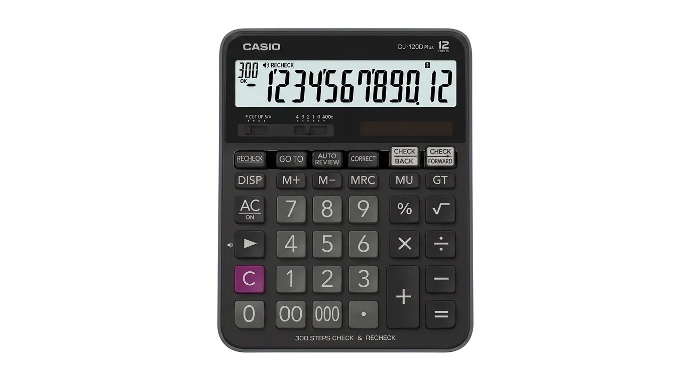 Čierna stolová kalkulačka Casio DJ-120D Plus s 12-miestnym LCD displejom, solárnym článkom a plastovými tlačidlami.