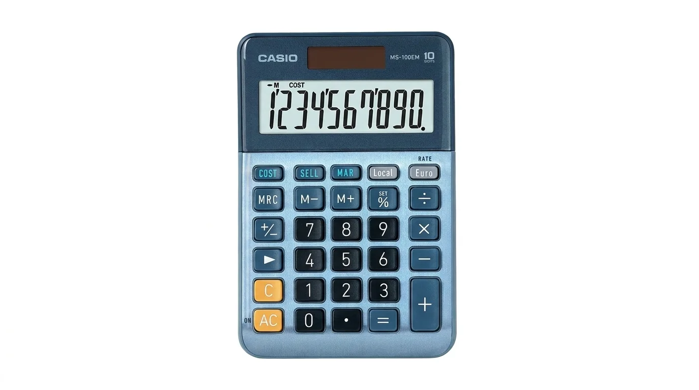 Stolní kalkulačka Casio MS-100EM v modrém provedení s 10místným LCD displejem a solárním panelem.