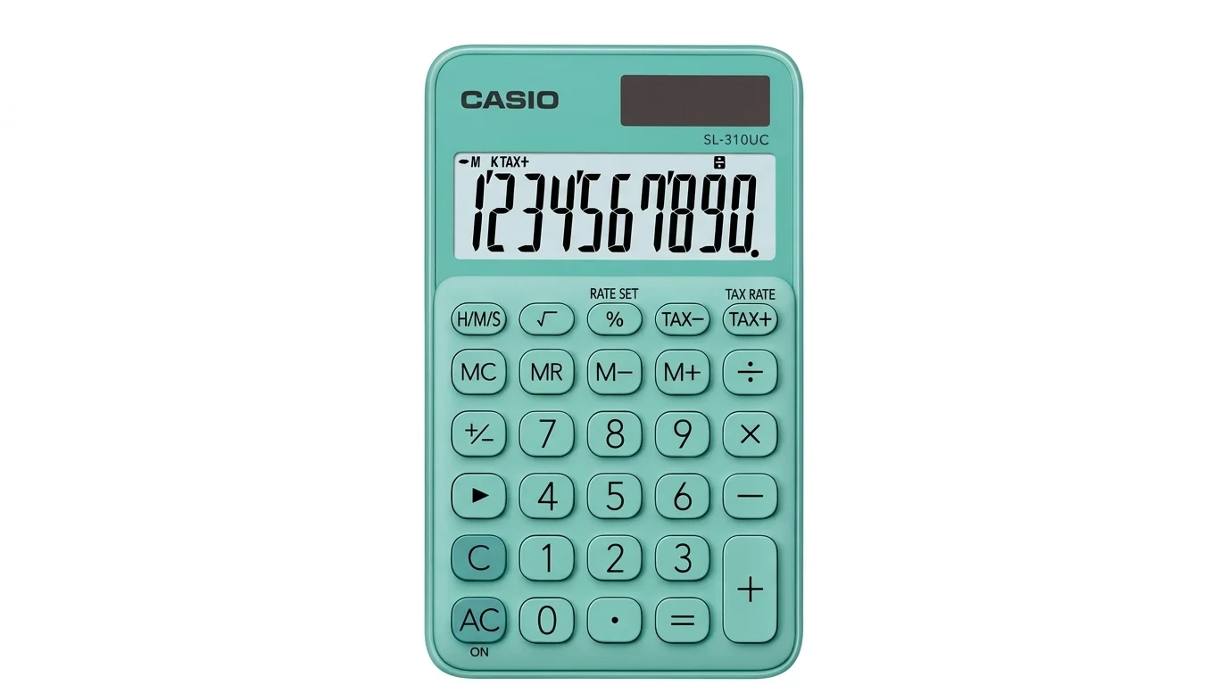 Svetlozelená vrecková kalkulačka Casio SL-310UC s 10-miestnym LCD displejom a solárnym panelom.