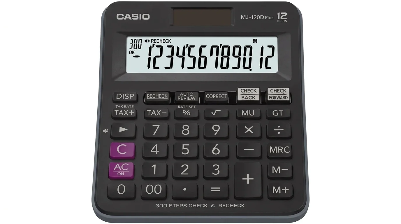 Čierna stolná kalkulačka Casio MJ-120D Plus s veľkým 12-miestnym LCD displejom a plastovými klávesmi.