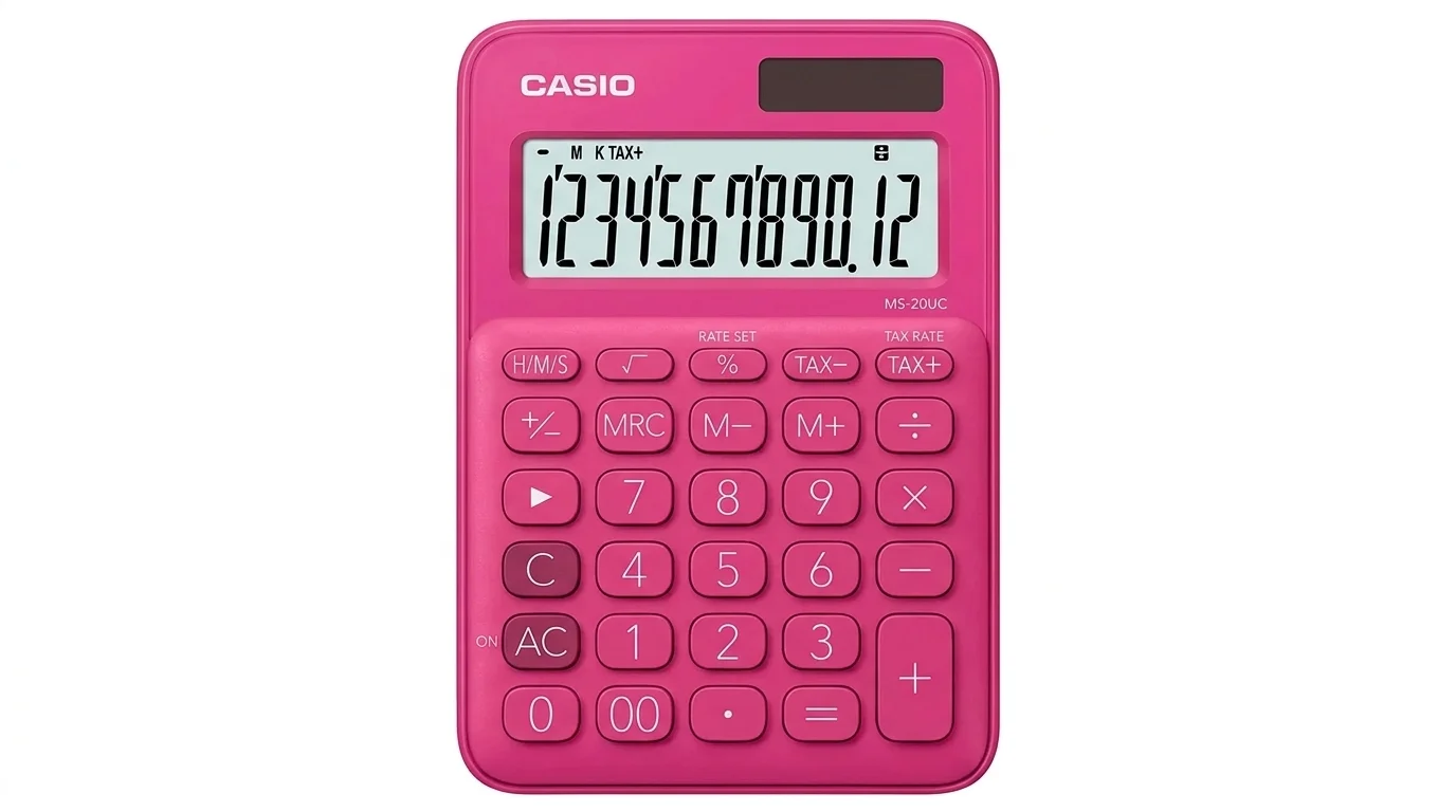 Ružová stolová kalkulačka Casio MS-20UC s 12-miestnym LCD displejom a solárnym panelom.