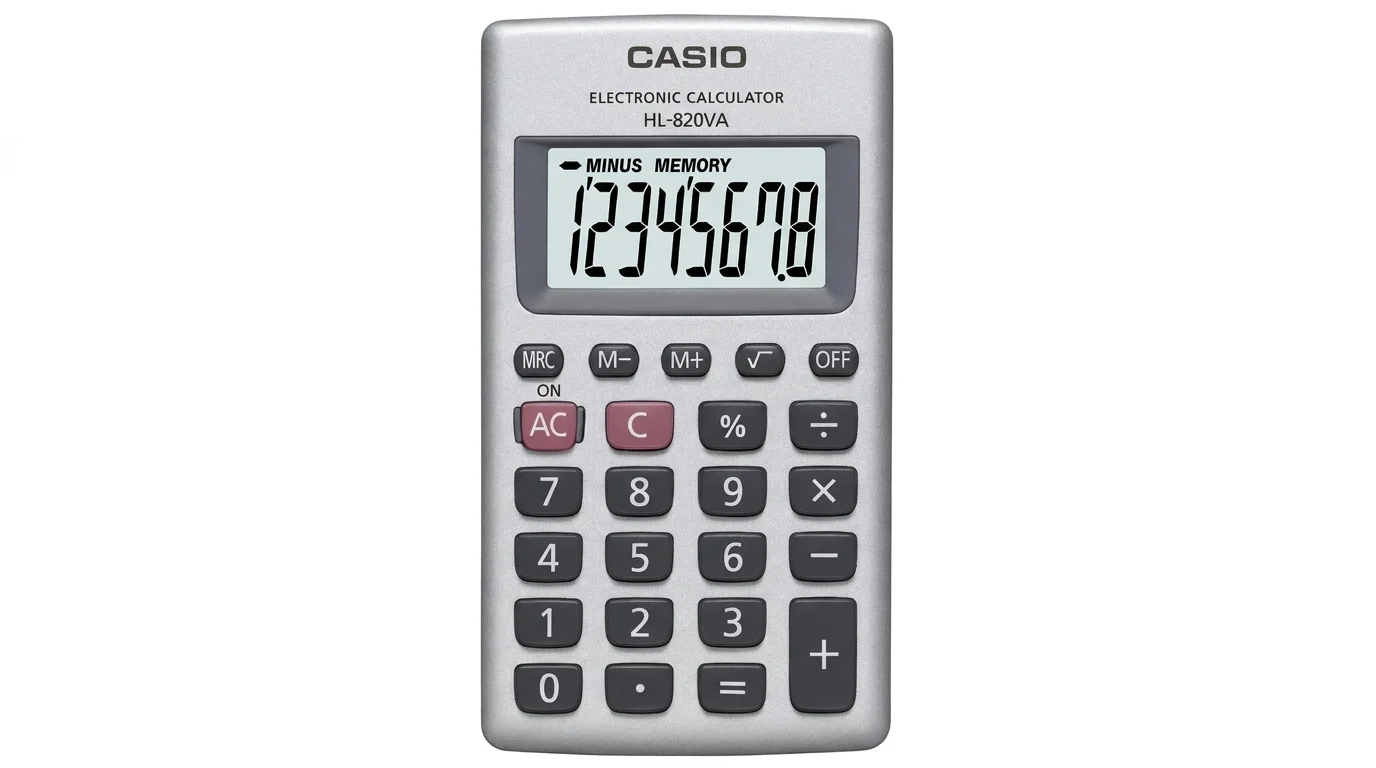 Stříbrná kapesní kalkulačka Casio HL-820VA s osmimístným LCD displejem a tlačítky pro základní výpočty.