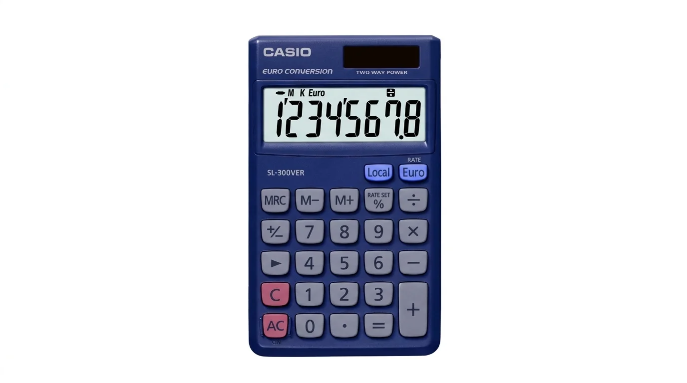 Modrá kapesní kalkulačka Casio SL-300VER s osmimístným displejem a solárním panelem.
