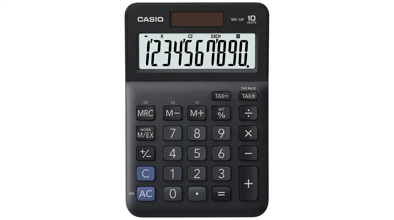 Černá stolní kalkulačka Casio MS-10F s desetimístným LCD displejem, solárním panelem a klávesnicí s plastovými tlačítky.