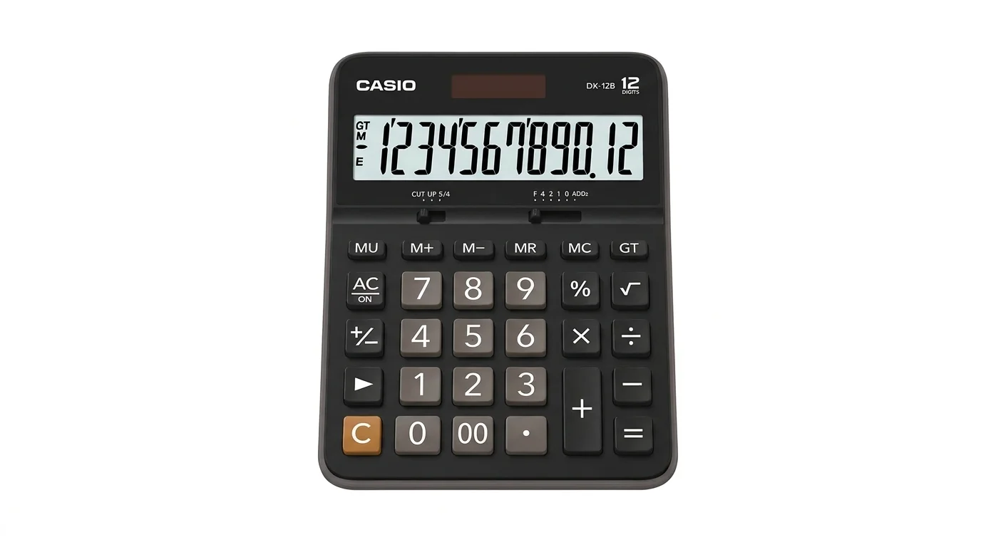 Černá stolní kalkulačka Casio DX-12B s dvanáctimístným LCD displejem a solárním panelem.