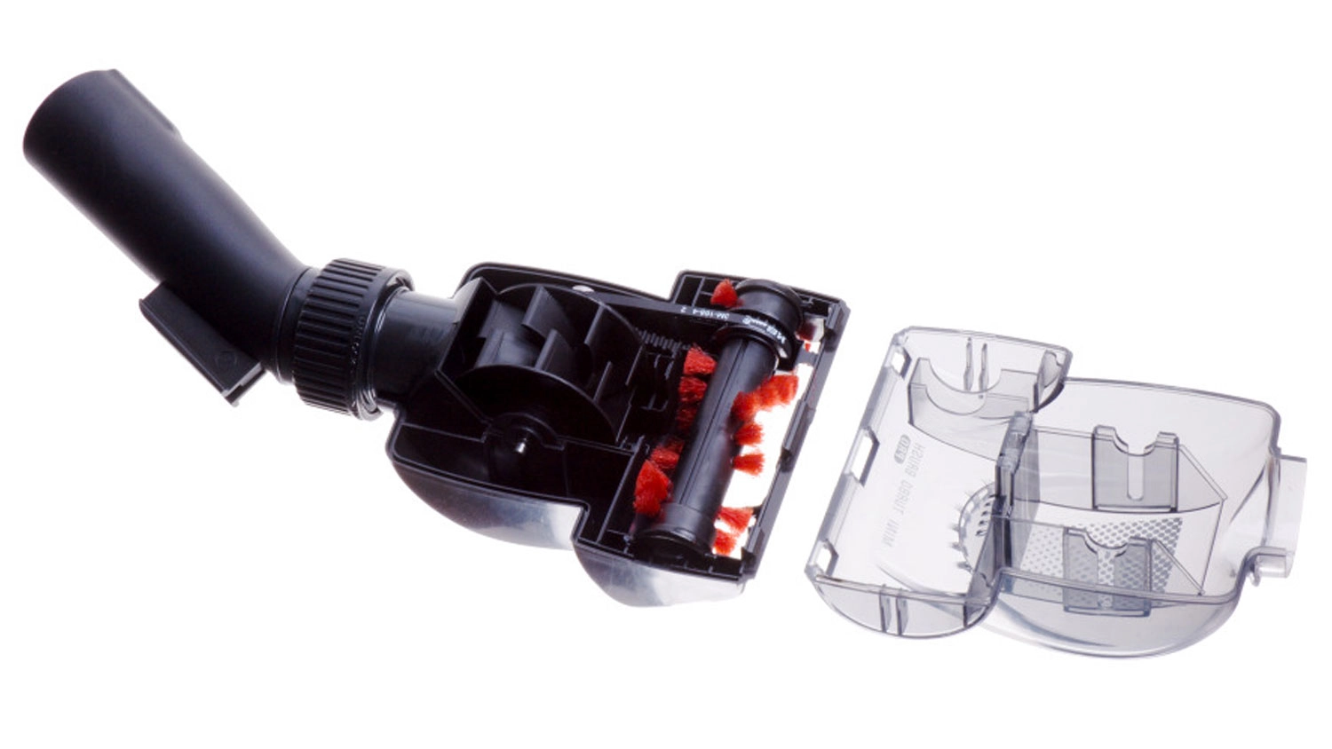 Čierna mini turbokefa Rowenta s červenými štetinami a odnímateľným priehľadným krytom.