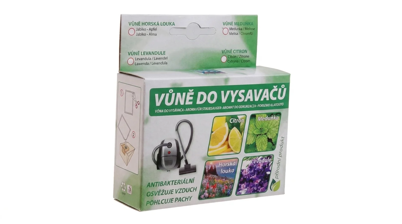 Zelenobiela krabička s vôňou do vysávača Jolly Citrón s vyobrazením citróna, medovky, horskej lúky a levandule.