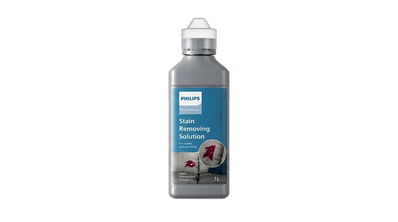 Šedá láhev čisticího prostředku Philips Stain Removing Solution na odstraňování skvrn z koberců a čalounění.