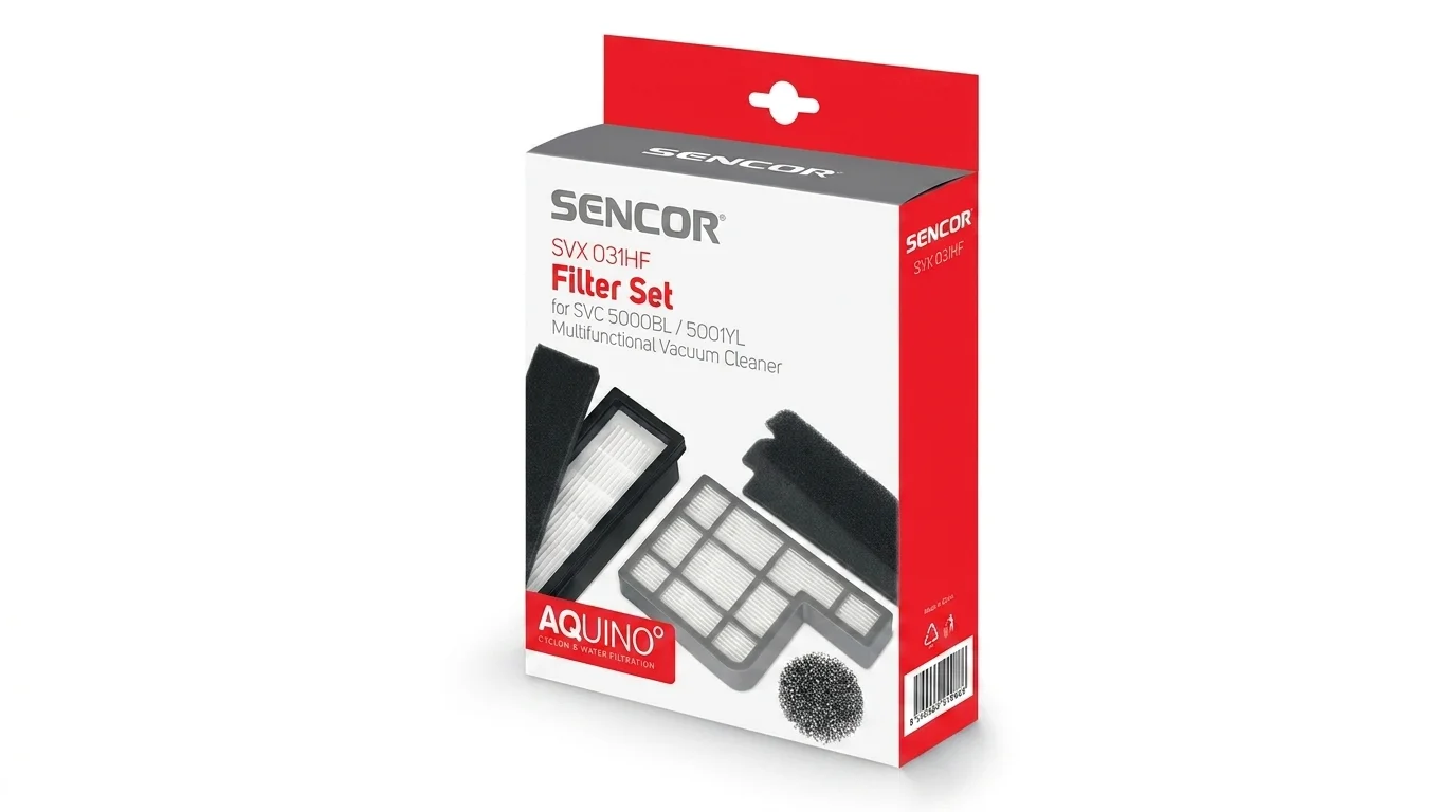 Červeno-bílé balení originální sady náhradních filtrů Sencor SVX 031HF.