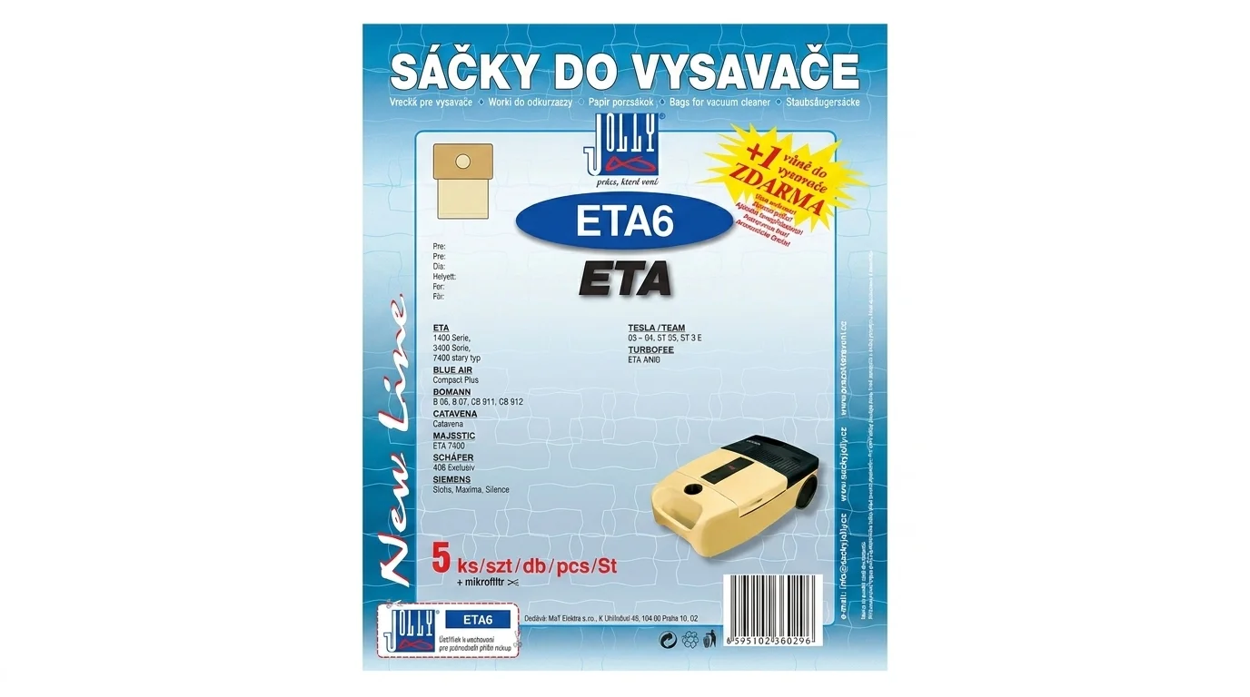 Modrý obal sáčků do vysavače Jolly ETA6 s vyobrazením žlutého vysavače a textem uvádějícím kompatibilitu.