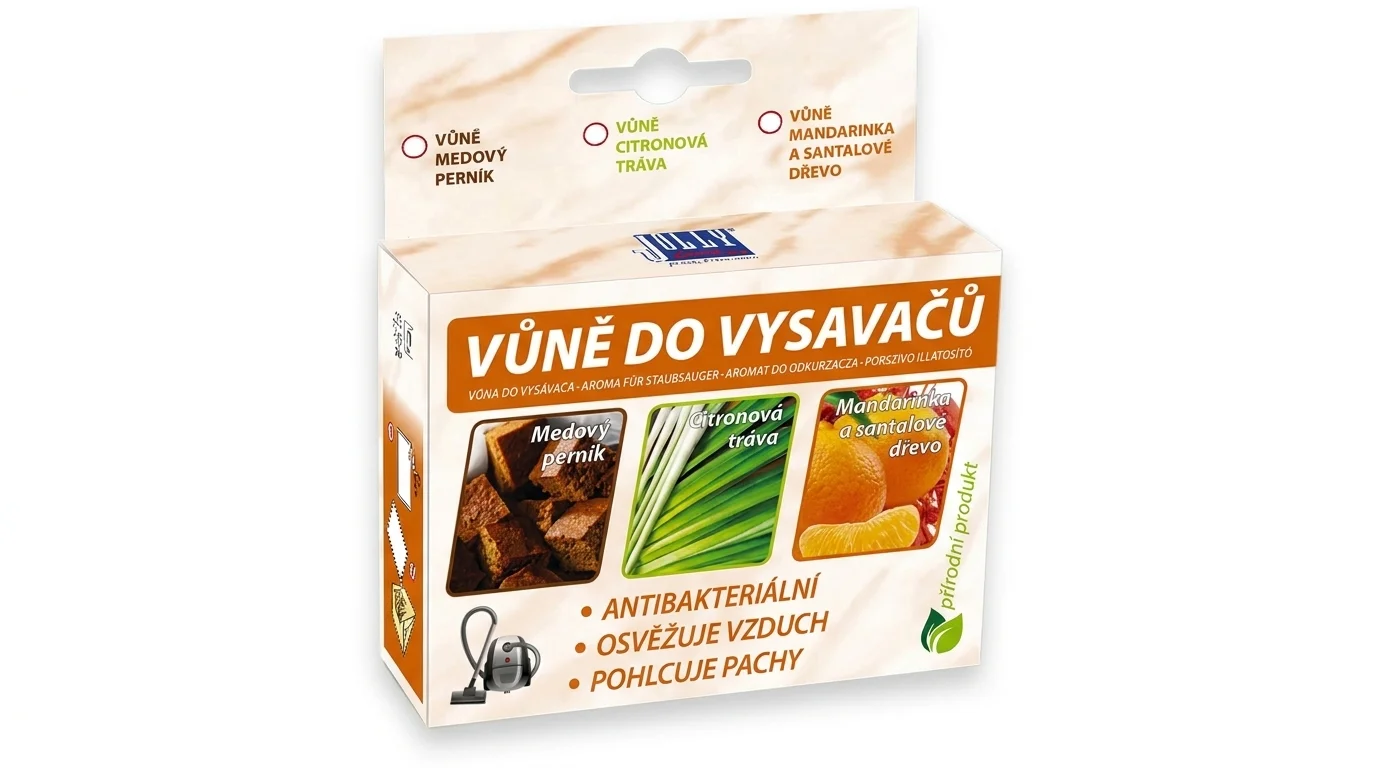 Balení vůně do vysavačů Jolly s vyobrazením variant medový perník, citronová tráva a mandarinka se santalovým dřevem.