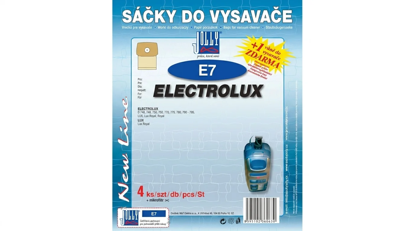 Modré balení sáčků do vysavače Jolly E7 pro vysavače Electrolux se 4 kusy a mikrofiltrem.