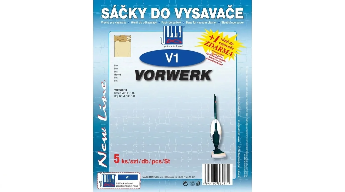 Modré balení sáčků do vysavače Jolly V1 pro vysavače Vorwerk s označením 5 ks v balení a vůní zdarma.