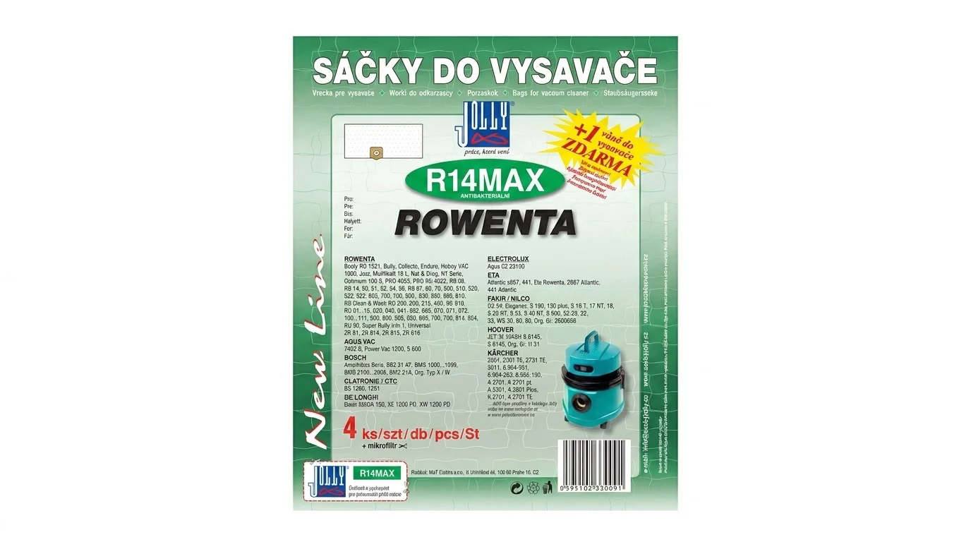Zelené balení sáčků do vysavače Jolly R14MAX určených pro vysavače Rowenta a další značky, s označením 4 ks v balení.